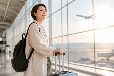 スーツケースを持って空港で飛行機を見る人